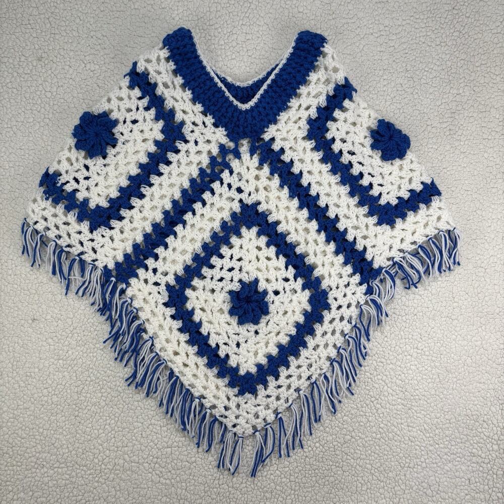 Handmade Knit Poncho Granny Square Blue White Crochet Festival Chunky Hippie